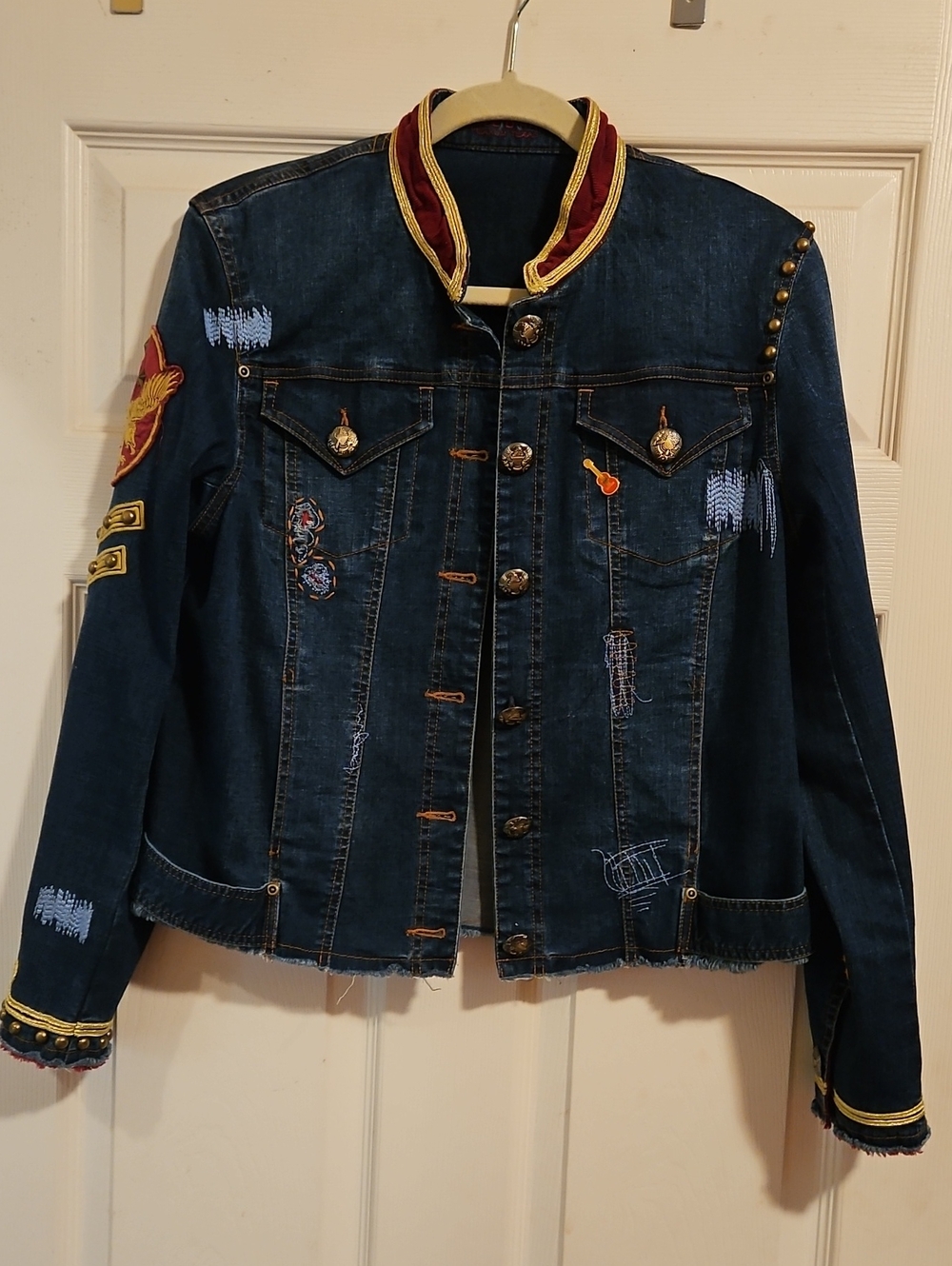 Double D Ranch Millitary Denim Jacket With Patches & Embroidery Size Small/mediu